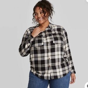 Ava & Viv Black and White Plaid Flannel Button Down Shirt Size 2X Relaxed Fit